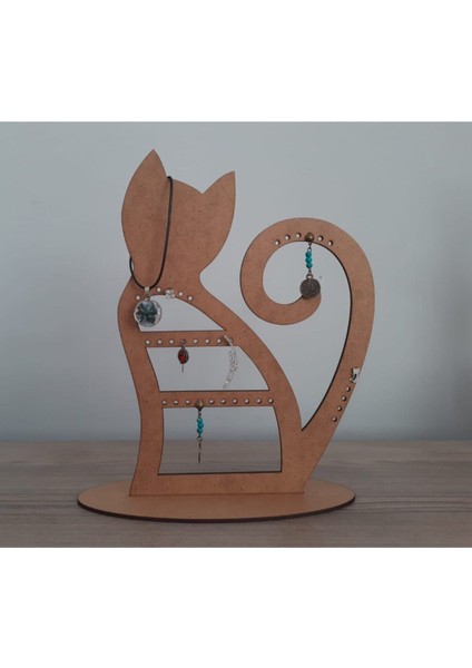 Ahşap Kedili Takı ve Küpe Standı, Şık ve Kullanışlı Dekoratif Aksesuar