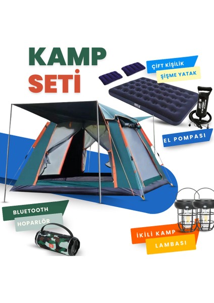 2-4 Kişi Kamp Çadırı Seti Taşınabilir Otomatik 200*200*145 +Lamba+Yatak+Yastık+Pompa+Hoparlör