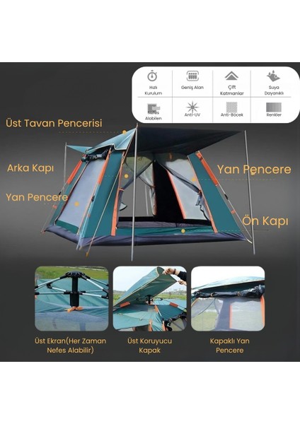 2-4 Kişi Kamp Çadırı Seti Taşınabilir Otomatik 200*200*145 +Lamba+Yatak+Yastık+Pompa+Hoparlör indirimleri