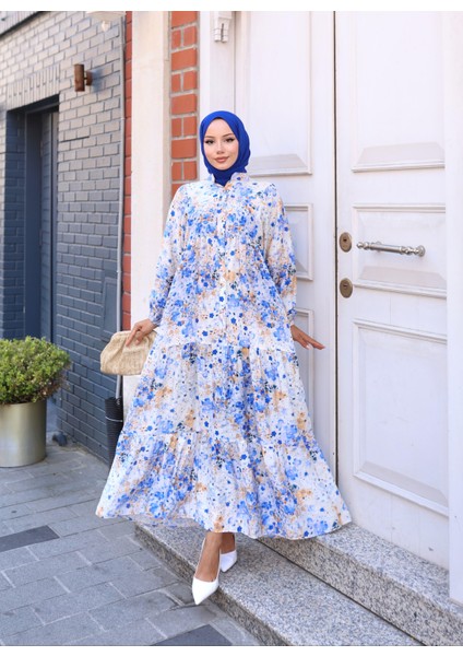 Kadın Rahat Kalıp Düğmeli Desenli Modal Elbise