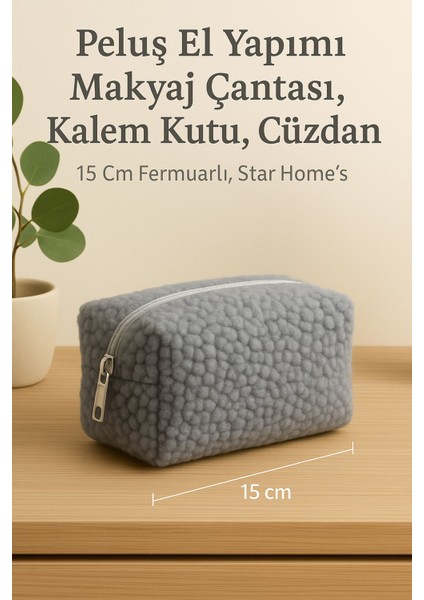 Peluş Gri Makyaj Çantası 15 cm Fermuarlı Organizer Kalem Kutu Cüzdan