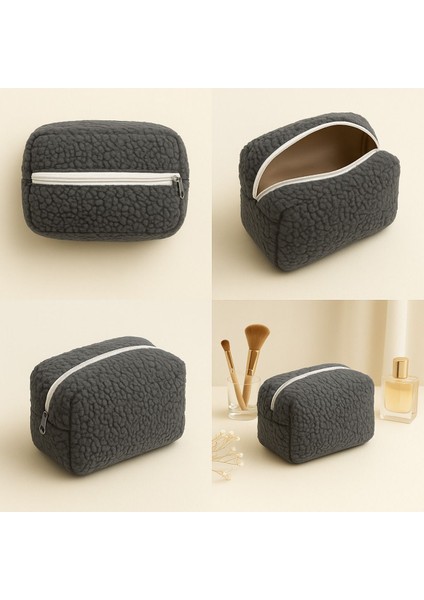 Peluş Gri Makyaj Çantası 15 cm Fermuarlı Organizer Kalem Kutu Cüzdan modelleri