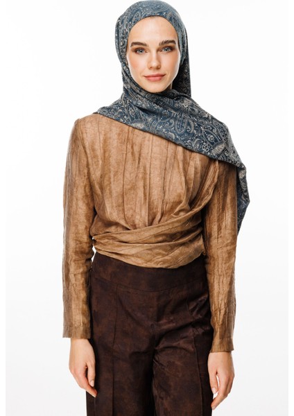 Velora Desen Çift Taraflı Şal Petrol Mavisi-Bej