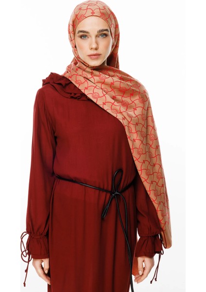Marrakech Desen Çift Taraflı Şal Vizon-Kırmızı