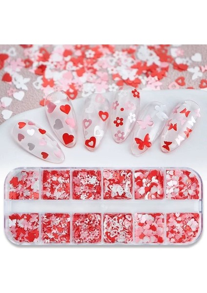 Kırmızı Tırnak Süsleme Folyo Pulları Karışık Dizayn Kelebek Kalp Çiçek Nail Art