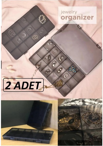 Füme 2'li 18 Bölmeli Takı ve Dikiş Kutusu Organizer Düzenleyici