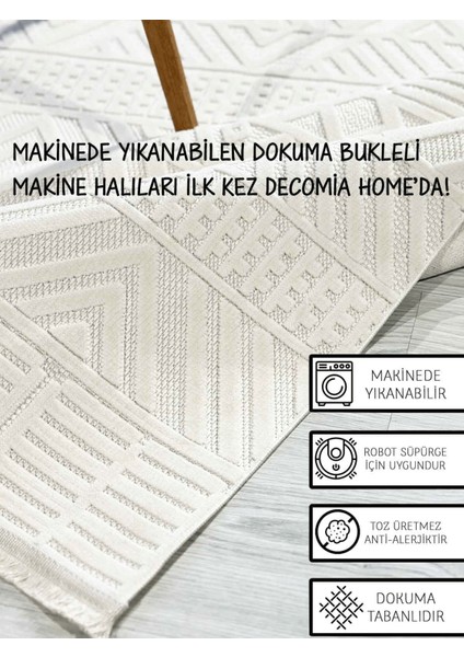 Mona Dokuma Yıkanabilir Bukleli Modern Krem Ekru Salon Halısı Mutfak Halısı Yolluk