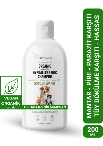 Hipoalerjenik Şampuan 200 ml | Tüy Dökülme | Parazit Pire Mantar Uzaklaştırıcı | Kedi Köpek