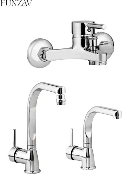 Gümüş Çubuk Kollu Prinç Banyo Mutfak Evye Lavabo Duş Bataryası Şık Krom Set