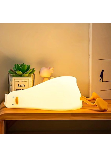 Sevimli Yatan Ördek Tasarımlı Gece Lambası, 3 Kademe Sıcak Işık, Göz Koruma, LED