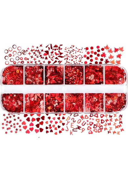 Parlak Kırmızı Tırnak Süsleme Folyo Pulları Karışık Dizayn Kelebek Kalp Harfler Yıldızlar Nail Art