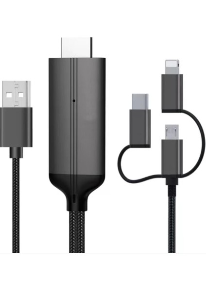 Phone To HDMI Kablo, 2k 60hz Yüksek Hızlı, 3in1 Kablo Telefondan HDMI Çıkış Kablo Type-C Lightning Micro USB Çevirici ZR847