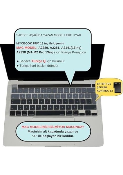 Macbook Pro 13INÇ M1-M2 Klavye Koruyucu Ombre Türkçe Q (Touchbarlı) A2338 A2289 A2251 A2141 ile Uyumlu Siyah Gri