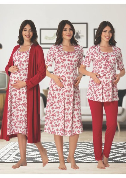 Dvina Effortt Lohusa 4'lü Set - Sabahlık/pijama Takımı/gecelik Fuşya - 8016