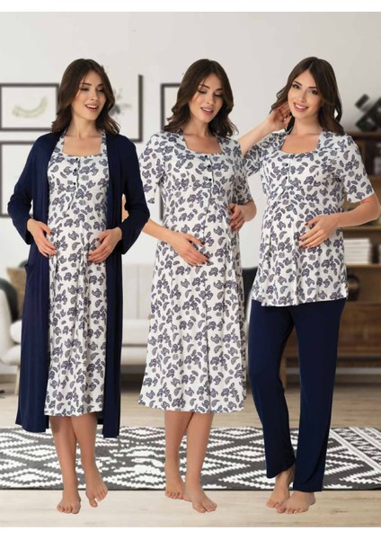 Dvina Effortt Lohusa 4'lü Set - Sabahlık/pijama Takımı/gecelik Lacivert - 8016