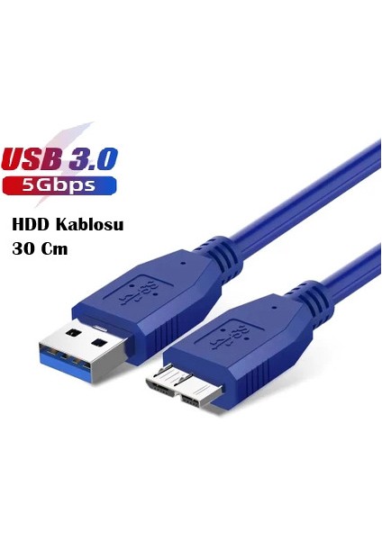 USB 3.0 HDD Harddisk Hard Disk Kablosu / Mavi 30 cm / Micro Usb-B / Hızlı Veri Aktarımı