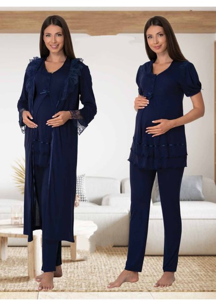 Dvina Effortt Lohusa Sabahlıklı Pijama Takımı Lacivert - 8024