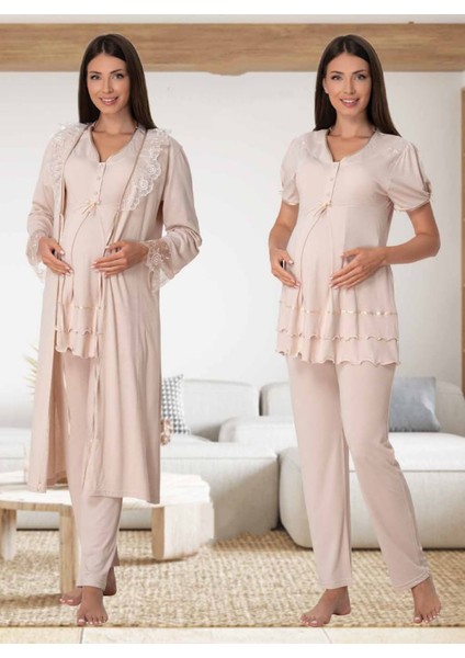 Dvina Effortt Lohusa Sabahlıklı Pijama Takımı Bej - 8024