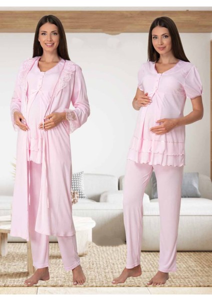 Dvina Effortt Lohusa Sabahlıklı Pijama Takımı Pembe - 8024