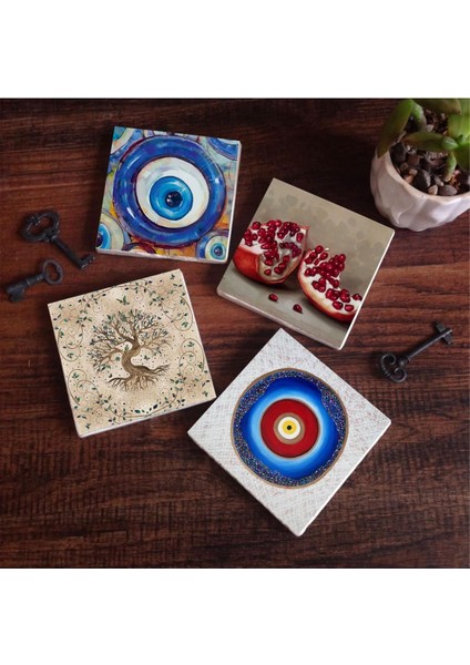 Nazar, Hayat Ağacı, Nar Taş Bardak Altlığı Seti - 4 Parça - Dekoratif, Rustik Mutfak Aksesuarı, 10X10 Cm, Kaydırmaz Tabanlı, Şık ve Dayanıklı SC372