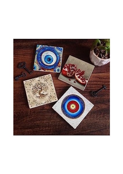 Nazar, Hayat Ağacı, Nar Taş Bardak Altlığı Seti - 4 Parça - Dekoratif, Rustik Mutfak Aksesuarı, 10X10 Cm, Kaydırmaz Tabanlı, Şık ve Dayanıklı SC372 modelleri