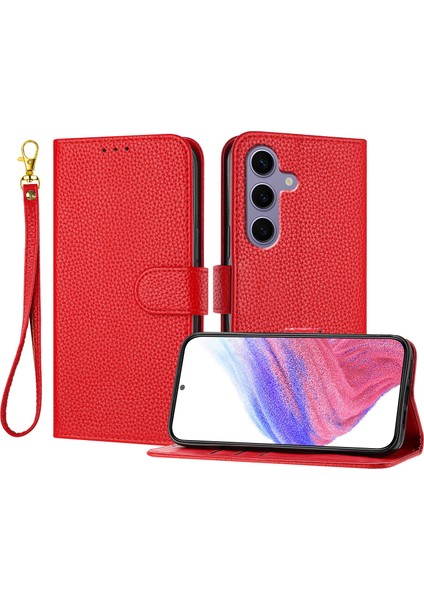 Samsung Galaxy S24 Fe Deri Litchi Doku Cüzdan Standı Düşmeye Karşı Telefon Kılıfı Bilek Kayışı ile (Yurt Dışından)