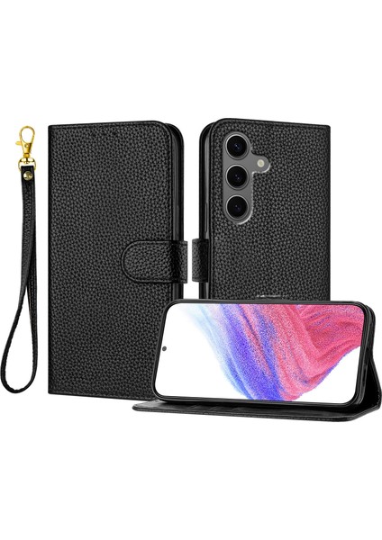 Samsung Galaxy S25 Plus Deri Litchi Doku Cüzdan Standı Düşmeye Karşı Telefon Kılıfı Bilek Kayışı ile (Yurt Dışından)