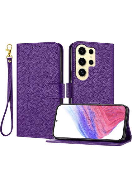 Samsung Galaxy S24 Ultra Deri Litchi Doku Cüzdan Standı Düşmeye Karşı Telefon Kılıfı Bilek Kayışı ile (Yurt Dışından)