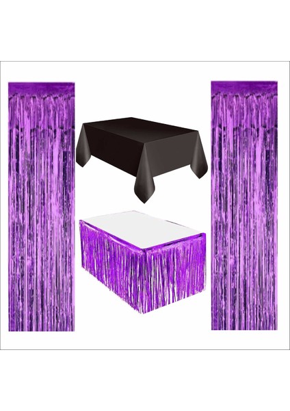 Siyah Masa Örtüsü, Mor Masa Eteği, 2 Adet Mor Arka Fon