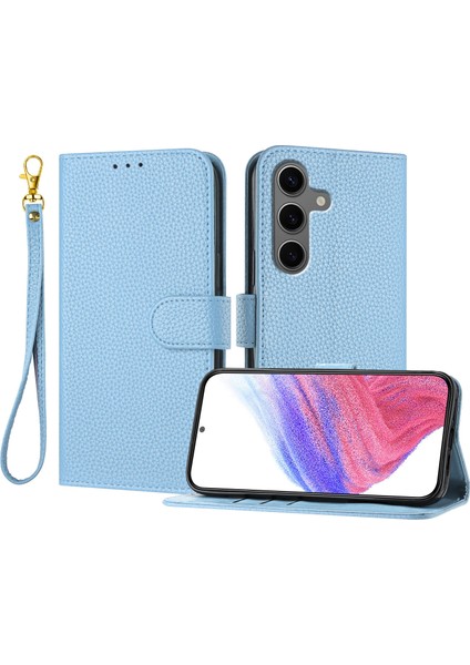 Samsung Galaxy S25 Plus Deri Litchi Doku Cüzdan Standı Düşmeye Karşı Telefon Kılıfı Bilek Kayışı ile (Yurt Dışından)