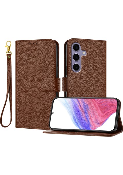 Samsung Galaxy S25 Deri Litchi Doku Cüzdan Standı Anti Drop Telefon Kılıfı Bilek Kayışı ile (Yurt Dışından)