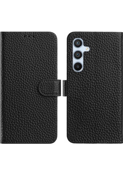 Samsung Galaxy S25 Cüzdan Standı Litchi Dokulu Gerçek Inek Derisi Kapaklı Telefon Kılıfı (Yurt Dışından)