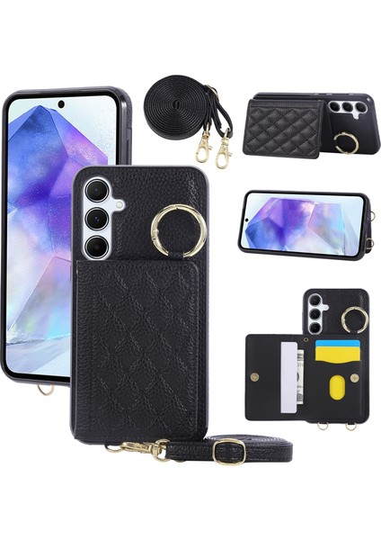 Samsung Galaxy S25 / S24 Kickstand Rhombus Deri + Tpu Telefon Kılıfı Omuz Askılı (Yurt Dışından)