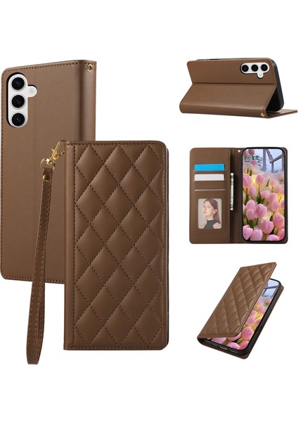 Samsung Galaxy S25 Plus / S24 Plus Rfıd Engelleme Cüzdan Standı Eşkenar Dörtgen Deri Telefon Kılıfı Bilek Kayışı ile (Yurt Dışından)