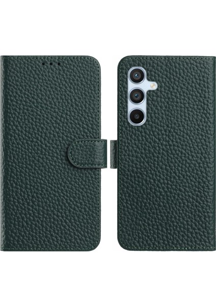 Samsung Galaxy S25 Plus Cüzdan Standı Litchi Dokusu Gerçek Inek Derisi Kapaklı Telefon Kılıfı (Yurt Dışından)