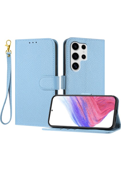 Samsung Galaxy S25 Ultra Deri Litchi Doku Cüzdan Standı Anti Drop Telefon Kılıfı Bilek Kayışı ile (Yurt Dışından)