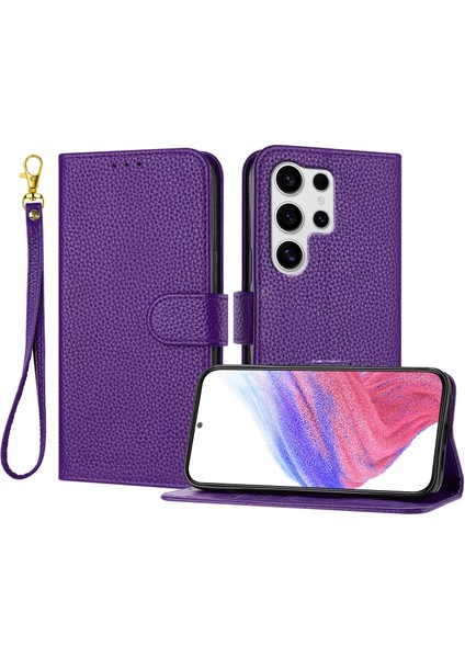 Samsung Galaxy S25 Ultra Deri Litchi Doku Cüzdan Standı Anti Drop Telefon Kılıfı Bilek Kayışı ile (Yurt Dışından)