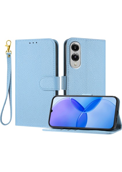 Samsung Galaxy S25 Edge Deri Litchi Doku Cüzdan Standı Düşmeye Karşı Telefon Kılıfı Bilek Kayışı ile (Yurt Dışından)