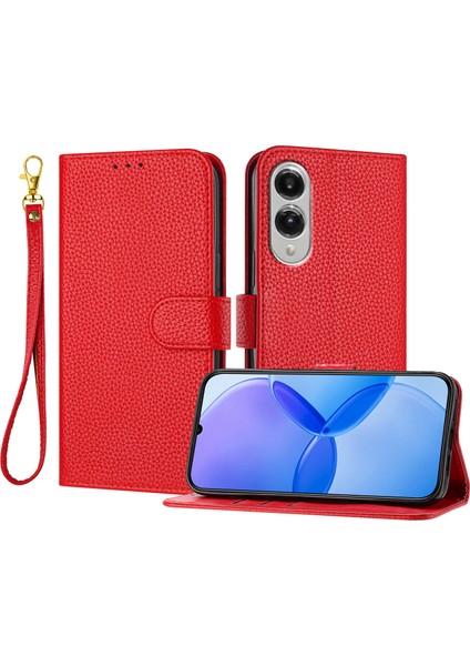 Samsung Galaxy S25 Edge Deri Litchi Doku Cüzdan Standı Düşmeye Karşı Telefon Kılıfı Bilek Kayışı ile (Yurt Dışından)