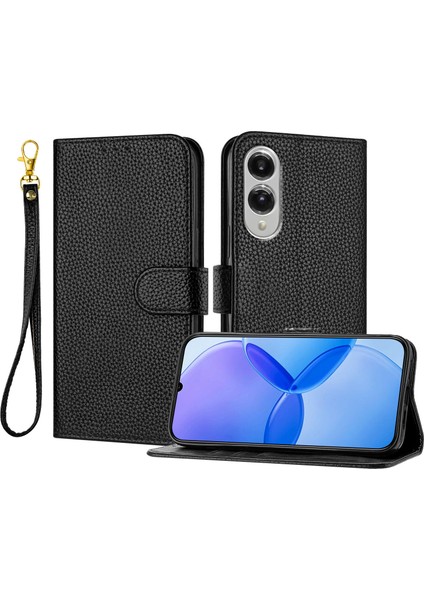 Samsung Galaxy S25 Edge Deri Litchi Doku Cüzdan Standı Düşmeye Karşı Telefon Kılıfı Bilek Kayışı ile (Yurt Dışından)
