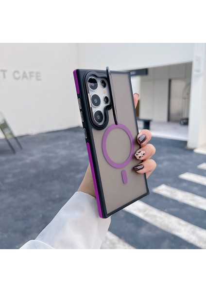 Samsung Galaxy S25 Ultra Manyetik Cilt Dokunuşlu Tpu Akrilik Telefon Arka Kapağı Lens Koruyucu Ayaklı (Yurt Dışından)