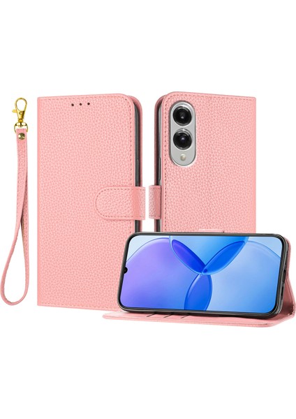 Samsung Galaxy S25 Edge Deri Litchi Doku Cüzdan Standı Düşmeye Karşı Telefon Kılıfı Bilek Kayışı ile (Yurt Dışından)