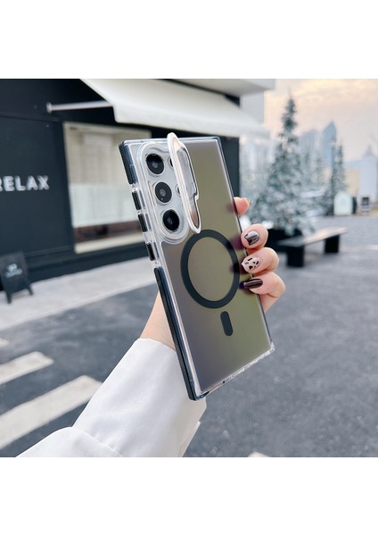 Samsung Galaxy S25 Ultra Manyetik Tpu Akrilik Telefon Arka Kapağı Lens Filmi ve Destek Ayağı ile (Yurt Dışından)