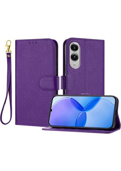 Samsung Galaxy S25 Edge Deri Litchi Doku Cüzdan Standı Düşmeye Karşı Telefon Kılıfı Bilek Kayışı ile (Yurt Dışından)