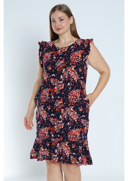 Kadın Lacivert Büyük Beden Desenli %100 Pamuk Cepli Kolu ve Eteği Fırfırlı Elbise