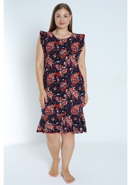 Kadın Lacivert Büyük Beden Desenli %100 Pamuk Cepli Kolu ve Eteği Fırfırlı Elbise fiyatları