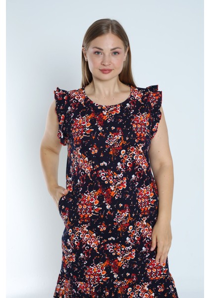 Kadın Lacivert Büyük Beden Desenli %100 Pamuk Cepli Kolu ve Eteği Fırfırlı Elbise modelleri