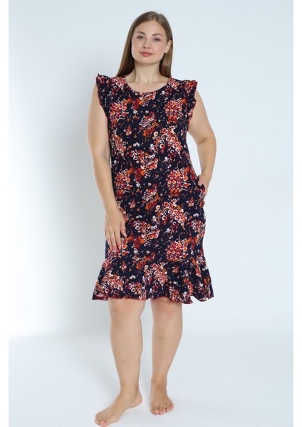 Kadın Lacivert Büyük Beden Desenli %100 Pamuk Cepli Kolu ve Eteği Fırfırlı Elbise fırsatları