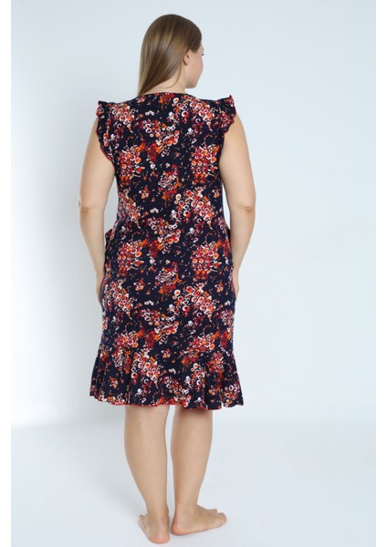 Kadın Lacivert Büyük Beden Desenli %100 Pamuk Cepli Kolu ve Eteği Fırfırlı Elbise indirimleri