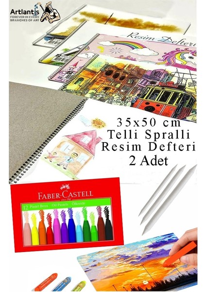 12 Renk Pastel Boya 35X50 cm Telli Spralli Resim Defteri Pastel Dağıtma Kalemi 15 Yaprak Resim Defteri Yağlı Pastel
